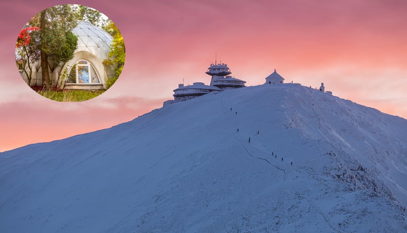 Z lewej w kółku dom igloo z Wrocławia, z prawej obserwatorium na Śnieżce