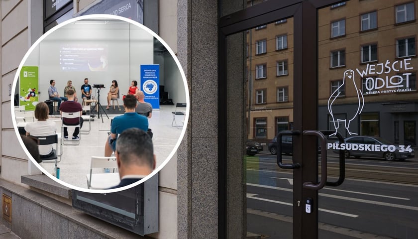 Kolaż dwóch zdjęć. W tle: wejście do lokalu "ODLOT. Strefa Partycypacji" przy ul. Piłsudskiego 34. W kółku: spotkanie liderów projektów WBO - zdjęcie archiwalne.