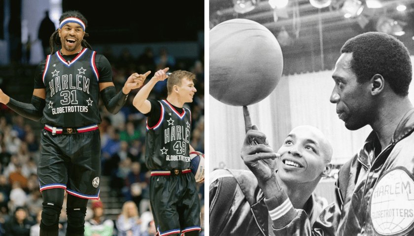 Harlem Globetrotters. Z lewej współcześni zawodnicy, w tym Paweł Kidoń, obok na czarno-białym zdjęciu zawodnik sprzed lat z młodym fanem koszykówki