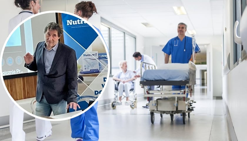 Promotorem opieki prehabilitacyjnej jest prof. Tomasz Banasiewicz (w owalu), na zdjęciu głównym mężczyzna w lekarskim uniformie prowadzi łóżko szpitalne