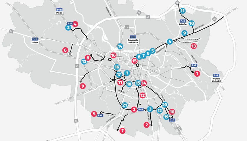 Na zdjęciu mapa wszystkich planowanych inwestycji tramwajowo-autobusowych we Wrocławiu (zaznaczona kolorem czerwonym) oraz inwestycji PKP (kolorem niebieskim). Sprawdź, kiedy tramwaj na Psie Pole i Jagodno. Poznaj inne plany WPT, takie jak tramwaj na Swojczyce, Maślice, Borowską i nie tylko!