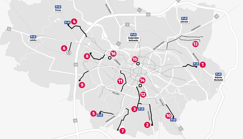 Na zdjęciu mapa wszystkich planowanych inwestycji tramwajowych we Wrocławiu. Sprawdź, kiedy tramwaj na Psie Pole i Jagodno. Poznaj inne plany WPT, takie jak tramwaj na Swojczyce, Maślice, Borowską i nie tylko!