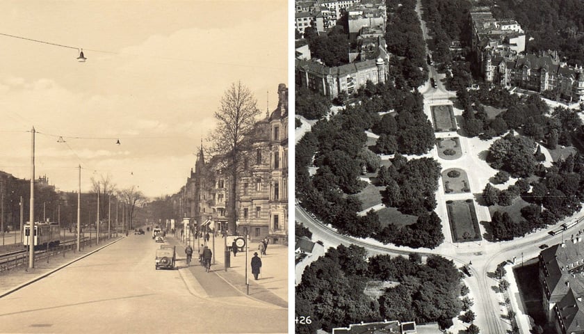 Ulica (z lewej) i plac (z prawej) Powstańców Śląskich na archiwalnych zdjęciach z zasobów fotopolska.eu