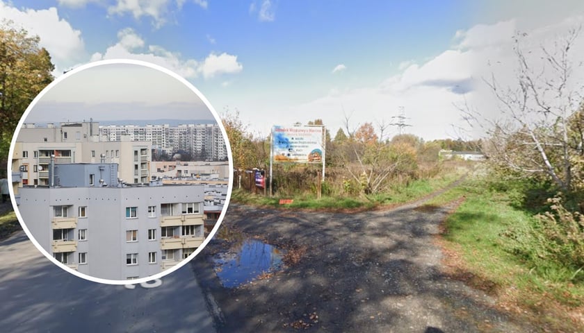 Kolaż dwóch zdjęć. W tle widok Google Street View na ulicę Poprzeczną. W kółku bloki mieszkalne, zdjęcie ilustracyjne.