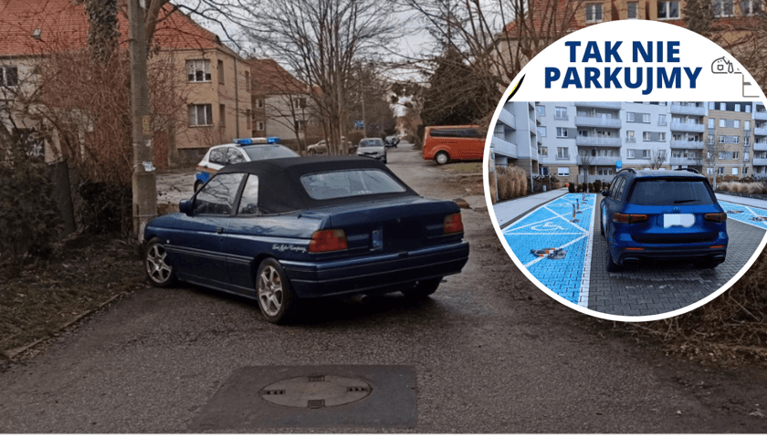 "Mistrzowie parkowania" z Wrocławia. Na zdjęciu w kółeczku źle zaparkowane auto i napis "tak nie parkujmy"
