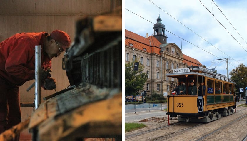 Kolaż dwóch zdjęć. Z lewej mężczyzna w roboczym kombinezonie pochylony nad elementami zabytkowego tramwaju. Z prawej wyremontowany tramwaj typu Maximum z 1901 roku na ulicy Powstańców Śląskich we Wrocławiu.