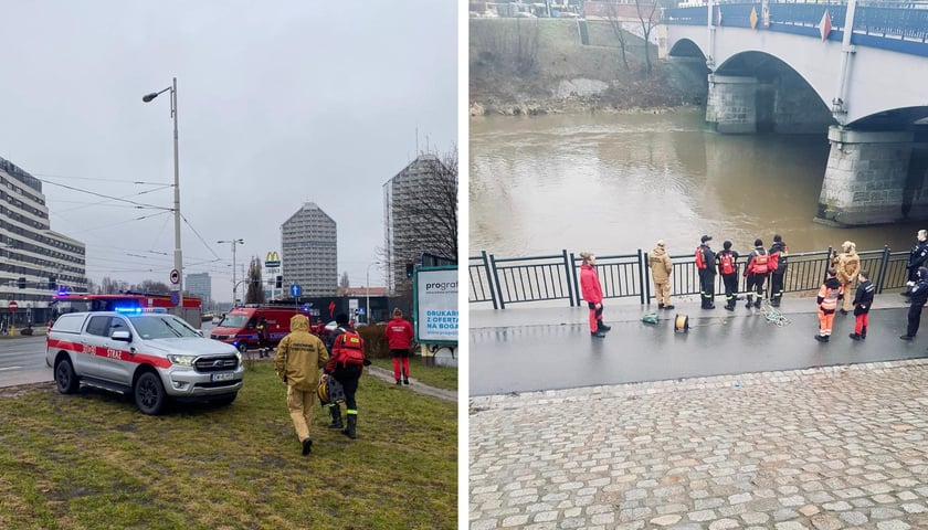 Dwa zdjęcia z akcji wyławiania zwłok przy moście Szczytnickim, widać ratowników, samochody, budynki, most i rzekę