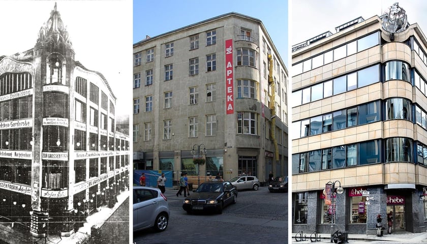 Kolaż trzech zdjęć – z lewej Dom Handlowy Stefan Esders w 1906 roku, w środku – dom handlowy przed remontem w 2012 roku, po prawej – budynek po generalnym remoncie i przebudowie, stan obecny