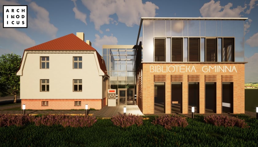 Wizualizacje biblioteki w Długołęce po rozbudowie