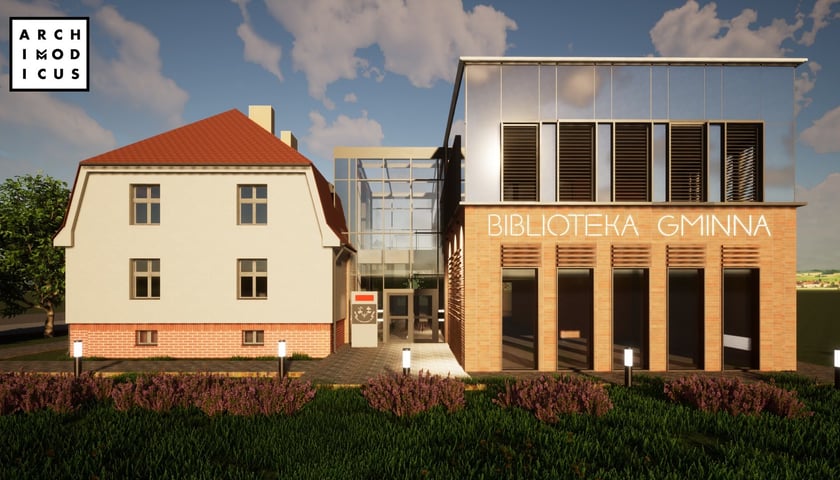 Wizualizacje biblioteki w Długołęce po rozbudowie