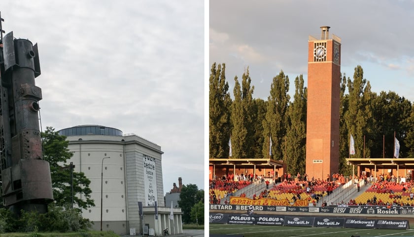 Schron przy pl. Strzegomskim, wieża zegarowa na Stadionie Olimpijskim - dzieła Richarda Konwiarza