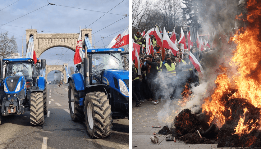 Strajk rolników w centrum Wrocławia 15 lutego. Z lewej ciągniki koło mostu Grunwaldzkiego, z prawej płonące opony i protestujący z flagami Polski