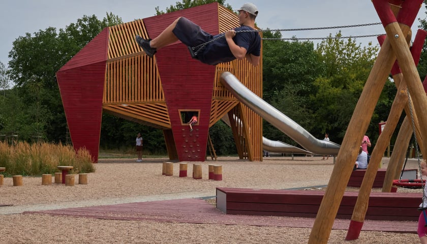 Młody mężczyzna na huśtawce, park Mamuta na Oporowie, urządzony dzięki projektowy z WBO.