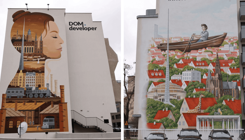 Z lewej mural "Wrocławianka" na bloku z twarzą kobiety, z prawej część muralu "Płynąc przez miasto" z mężczyzną płynącym łódką wśród budynków