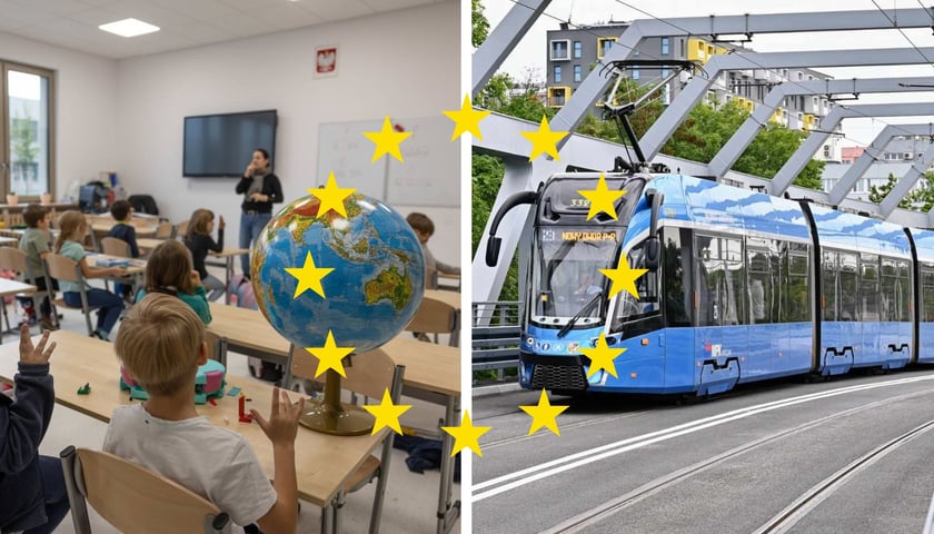 Po lewej: dzieci na lekcji w szkole na Asfaltowej, po prawej: tramwaj jadący w stronę Nowego Dworu