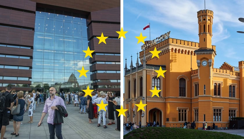 Po lewej: Narodowe Forum Muzyki; po prawej: dworzec kolejowy Wrocław Główny