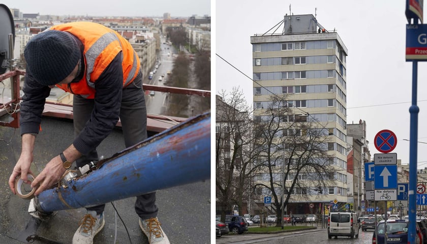 Po lewej: mężczyzna pracujący przy linie na dachu Trzonolinowca, po prawej: Trzonolinowiec sfotografowany z oddali