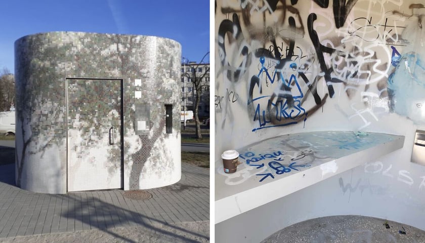 Po lewej: owalny budynek ozdobiony srebrną mozaiką; samoobsługowa toaleta w parku Jedności tuż po oddaniu do użytku. Po prawej: bazgroły wykonane sprayem we wnętrzu toalety (stan luty 2024 roku)     