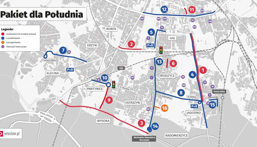 Mapa przedstawia inwestycje realizowane w ramach Pakietu dla Południa. Legenda: kolorem czerwonym oznaczone są projekty zrealizowane lub w trakcie realizacji, niebieskim - w projektowaniu, pomarańczowym - w przygotowaniu, a fioletowym - inwestycje towarzyszące.