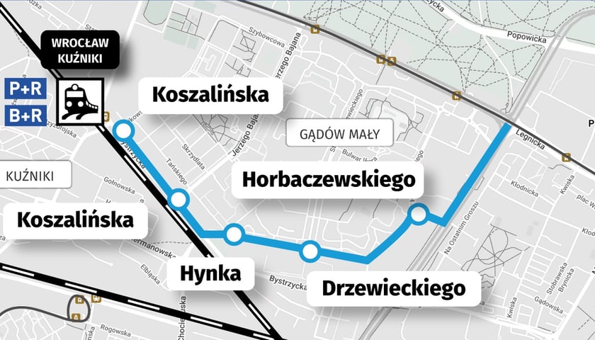 Mapa przedstawia trasę tramwajową na Gądów Południowy