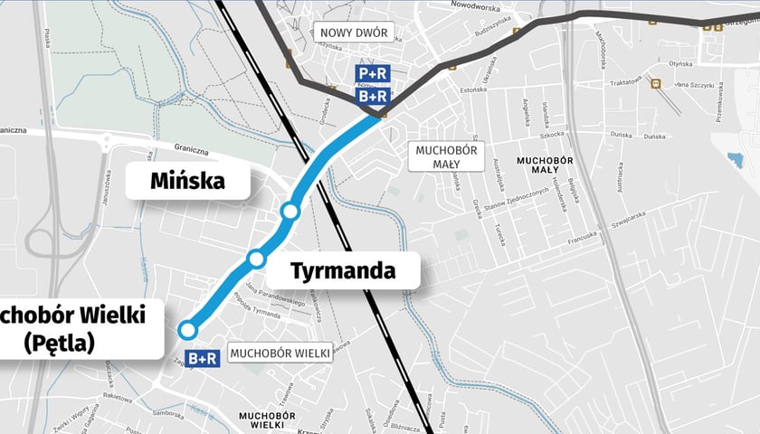 Mapa przedstawia trasę na Muchobór Wielki