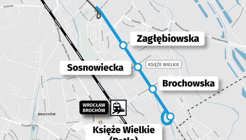 Mapa przedstawia trasę tramwajową na Księże Wielkie