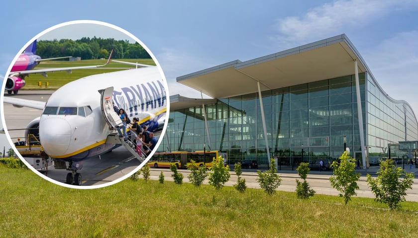 Wrocławskie lotnisko - terminal i pasażerowie wsiadający do samolotu linii Ryanair