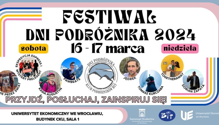 <p class="MsoNormal">Festiwal Dni Podr&oacute;żnika: 16&ndash;17 marca, godz. 9.00&ndash;20.00, Uniwersytet Ekonomiczny we Wrocławiu, CKU sala 1, ul. Komandorska 118/120</p>