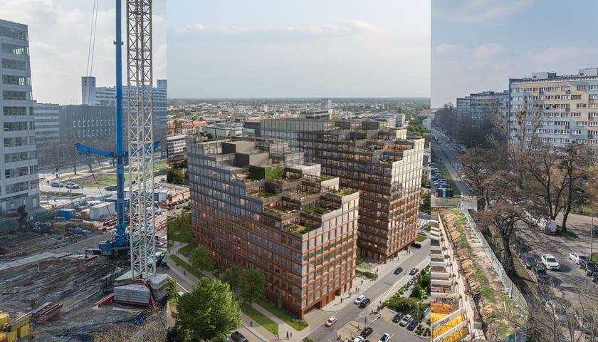 Połączenie zdjęcia z budowy z wizualizacją biurowców Swobodna Spot