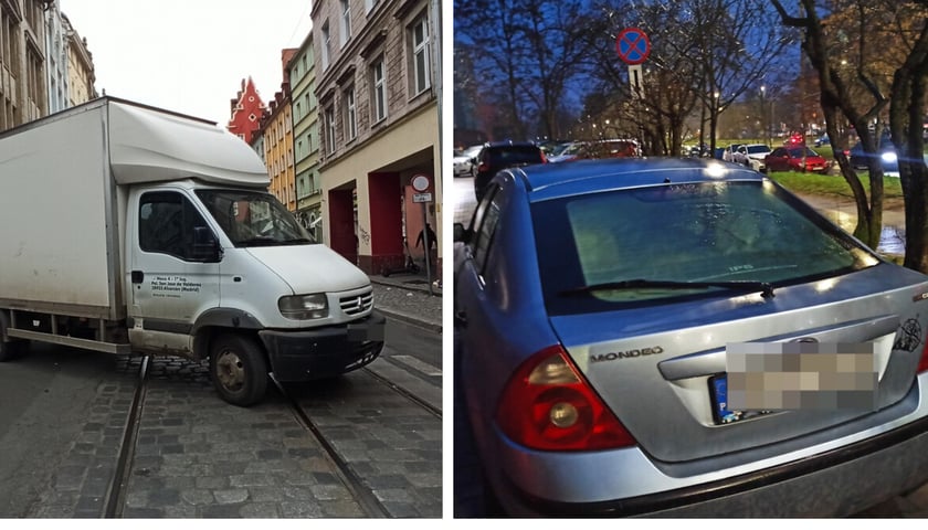 Nieprawidłowo zaparkowane samochody. Po lewej biały samochód stojący na szynach tramwajowych, po prawej srebrne auto zaparkowane mimo znaku zakazu zatrzymywania się