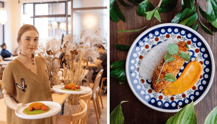 Z lewej kelnerka z dwoma talerzami w restauracji Nai, obok danie z kuchni restauracji ORZO 