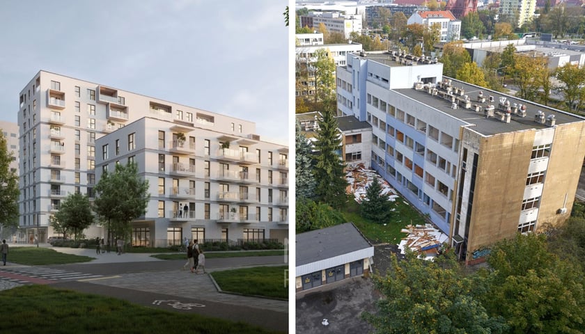Po lewej: wizualizacja Nowej Pabianickiej, po prawej: budynek przychodni