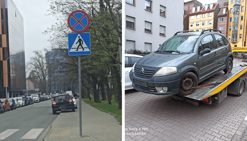 Po lewej: samochód stoi mimo zakazu zatrzymywania; po prawej: samochód na lawecie 