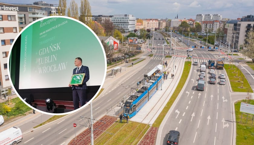 Gala przyznania nagród Rzeczpospolitej (w kółeczku), w tle zdjęcie ilustracyjne - panorama Wrocławia z inwestycją tramwajową 