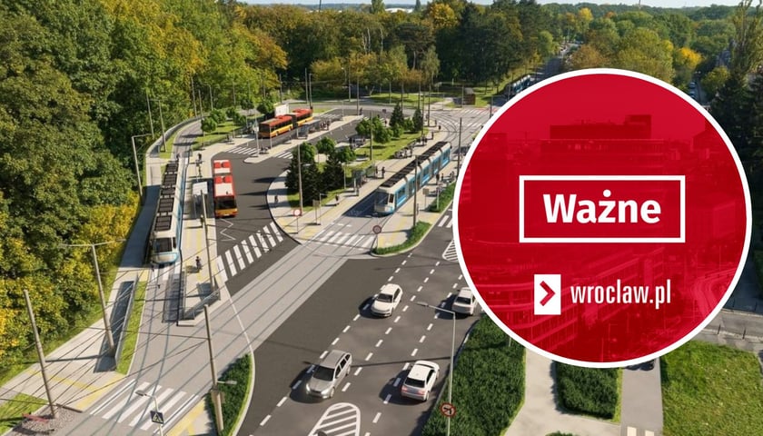 Wizualizacja trasy autobusowo-tramwajowej na Swojczyce, w kółeczku napis "Ważne"