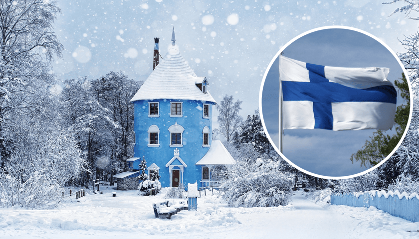 Finlandia - widok na domek Muminków. W kółeczku - fińska flaga