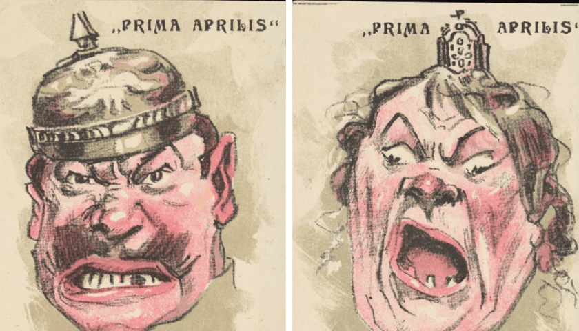 Primaaprilisowe, satyryczne pocztówki z lat 1913-1920 - karykatura polityczna