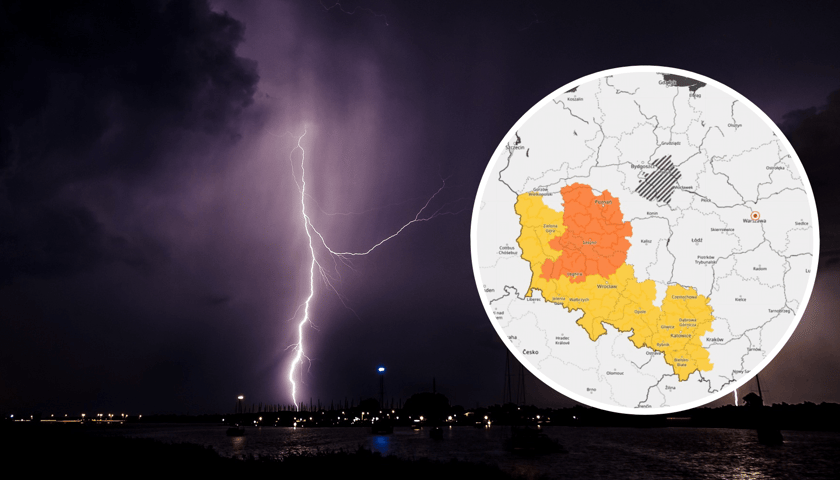 Na dużym zdjęciu widać burzę nad miastem, na małym mapę IMGW z zaznaczonym miejscem, gdzie burza może występować