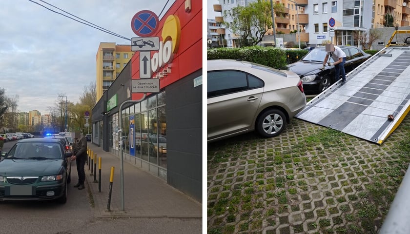 Samochód zaparkowany mimo obowiązywania znaku zakazu zatrzymywania się i ostrzeżenia przed odholowaniem samochodu; samochód tuż przed wciągnięciem go na lawetę 