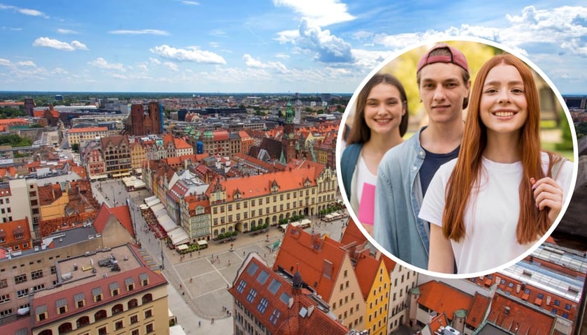 W tle: panorama Wrocławia; w kółku: młodzież / zdjęcia ilustracyjne