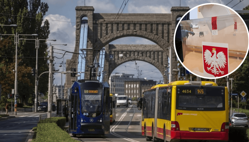 Tramwaj i autobus we Wrocławiu - w tle most Grunwaldzki we Wrocławiu. Na zdjęciu w kółeczku - urna wyborcza