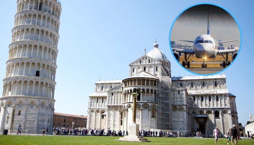 Na zdjęciu głównym: architektura Pizy z Krzywą Wieżą, w kółku: samolot