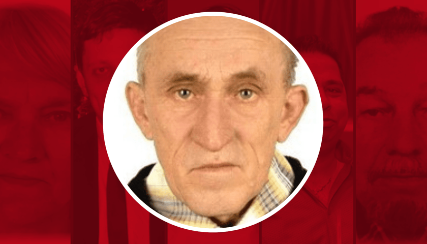 Zaginiony Bogusław Kotoski ma 65 lat (na zdjęciu w kółku). Foto zaginionego jest na czerwonym tle, na którym widać inne zaginione osoby