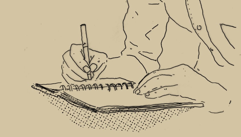 Osoba zapisująca notatkę. Grafika ilustracyjna