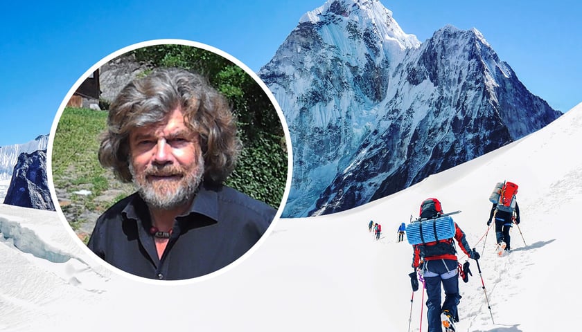 Reinhold Messner, w tle ośnieżona góra oraz wspinacze