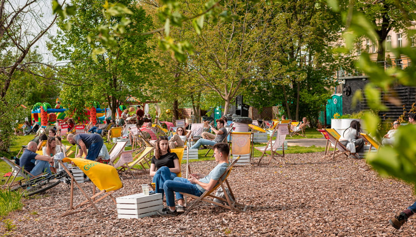 Ludzie na leżakach w beach barze Forma Płynna we Wrocławiu