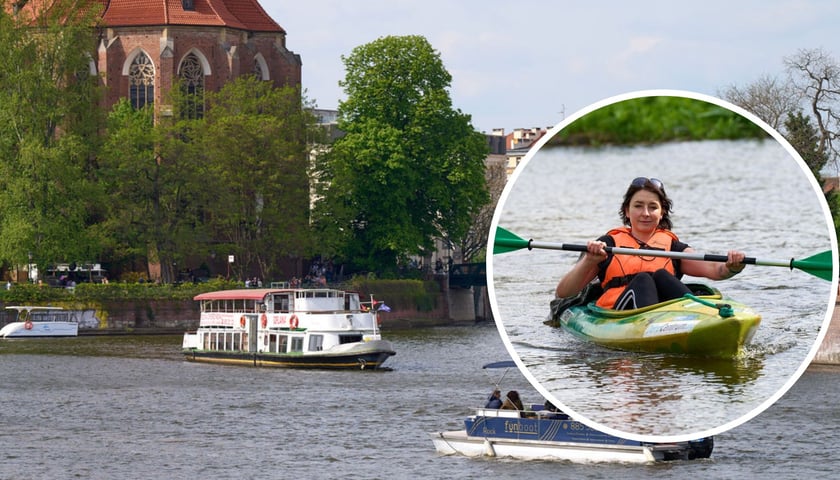 Sezon żeglugowy na Odrze we Wrocławiu. W kółku z prawej kajakarka