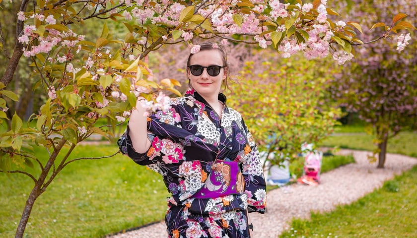 Uczestniczka Pikniku Kultury Japońskiej pod kwitnącą wiśnią w parku Szczytnickim