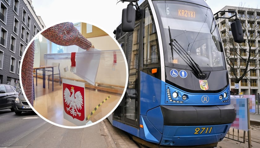 W niedzielę 21 kwietnia przejazdy wrocławską komunikacją miejską będą bezpłatne. Na zdjęciu tramwaj na przystanku oraz urna wyborcza. 