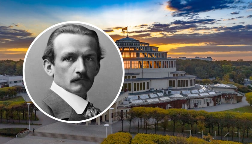 Kolaż dwóch zdjęć. W kółku: Max Berg. W tle: Hala Stulecia we Wrocławiu
